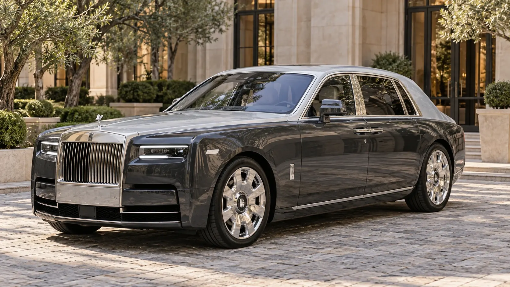 Illustration générée par IA de la Rolls-Royce Phantom, présentée en vue extérieure de trois quarts avant.