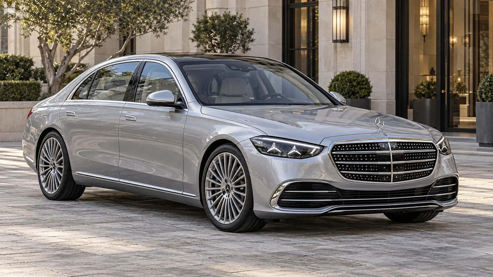Illustration générée par IA du Mercedes-Benz S-Class, représentée dans une vue extérieure de trois quarts avant.