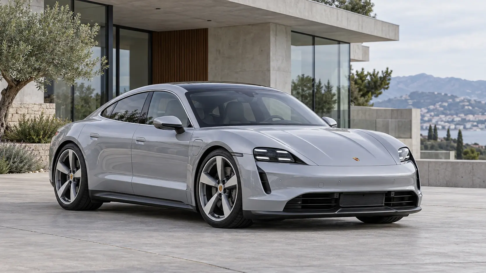 Illustration générée par IA du Porsche Taycan sedan, représentée dans une vue extérieure de trois quarts avant.