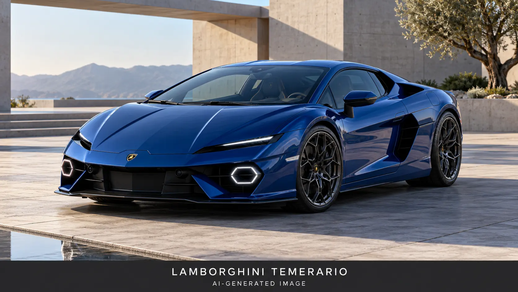Иллюстрация Lamborghini Temerario в металлическом синем цвете, созданная с помощью ИИ, вид спереди под углом три четверти.