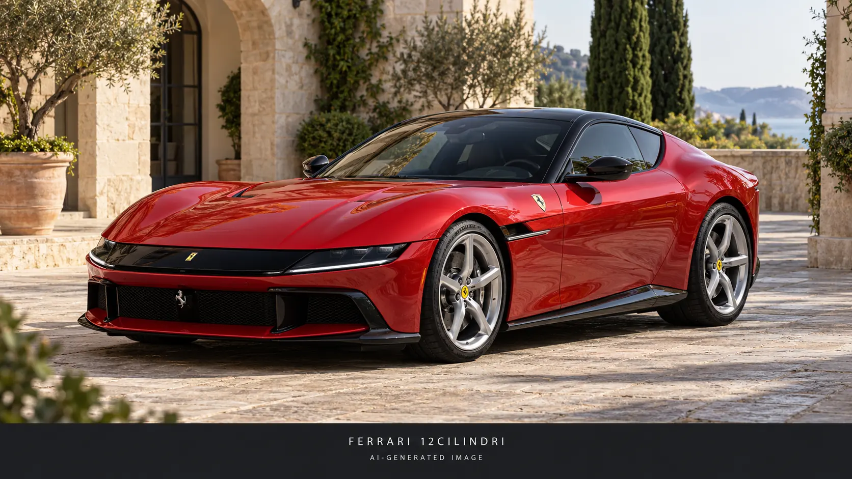 Иллюстрация Ferrari 12Cilindri красного цвета с черной крышей, созданная с помощью ИИ, вид спереди под углом три четверти.