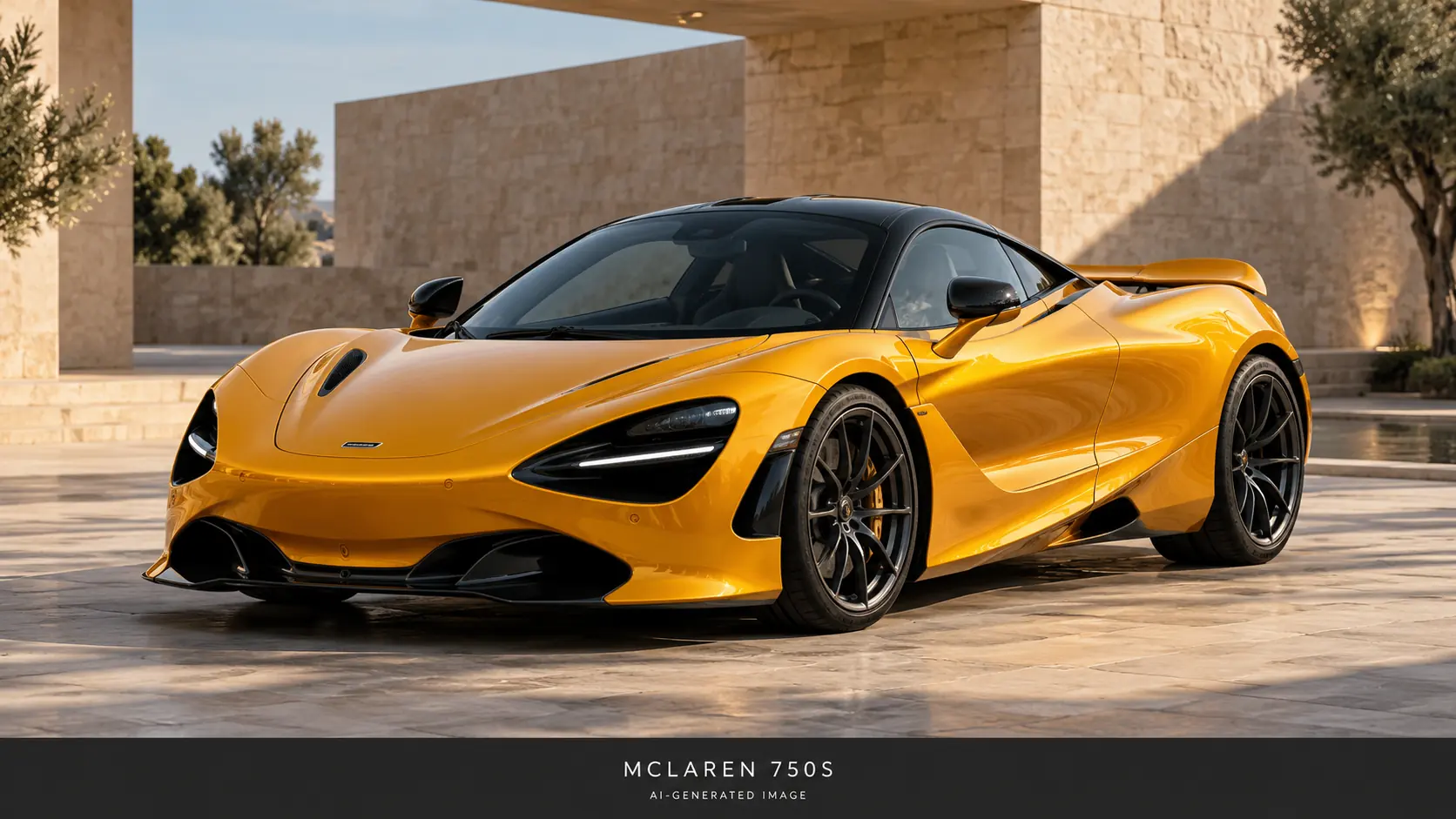 Иллюстрация McLaren 750S, созданная с помощью ИИ, в желто-оранжевых тонах, вид спереди под углом три четверти.