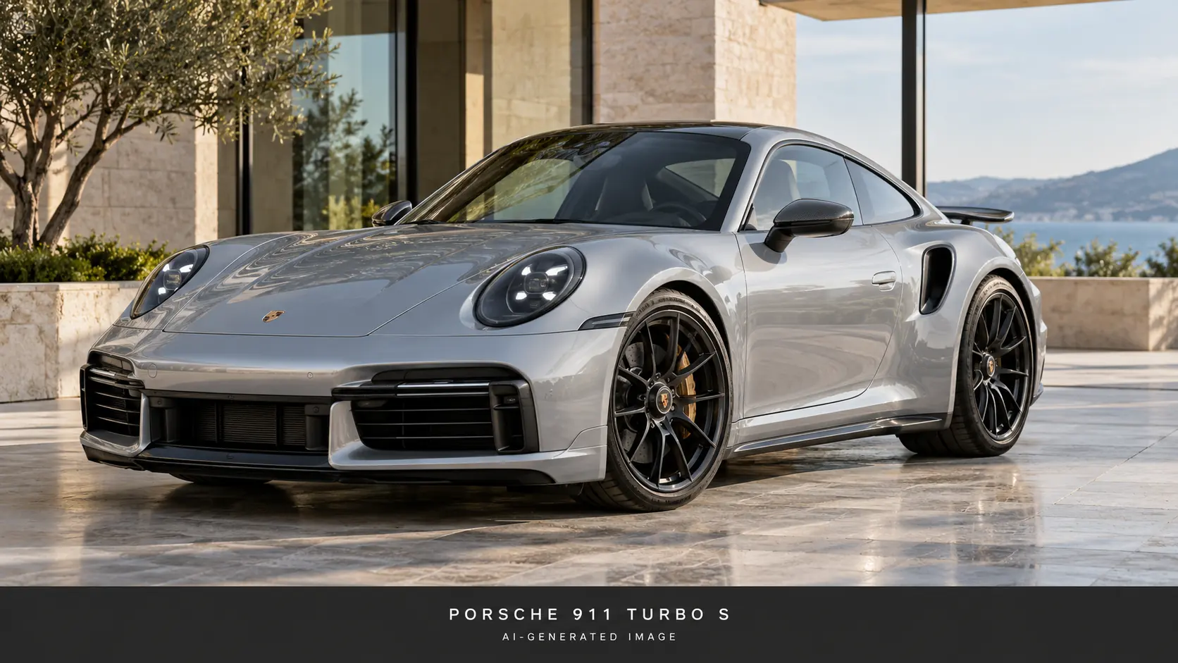 Иллюстрация Porsche 911 Turbo S серебристо-серого цвета, созданная с помощью ИИ, вид спереди под углом три четверти.