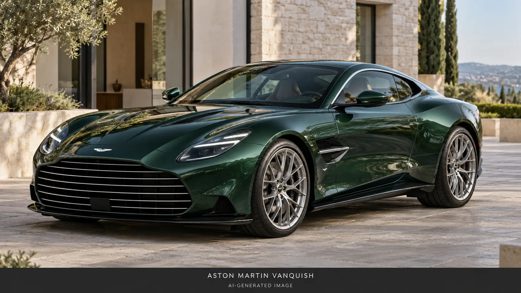 Иллюстрация Aston Martin Vanquish, созданная с помощью ИИ, выполнена в насыщенном зеленом цвете, вид спереди под углом три четверти.