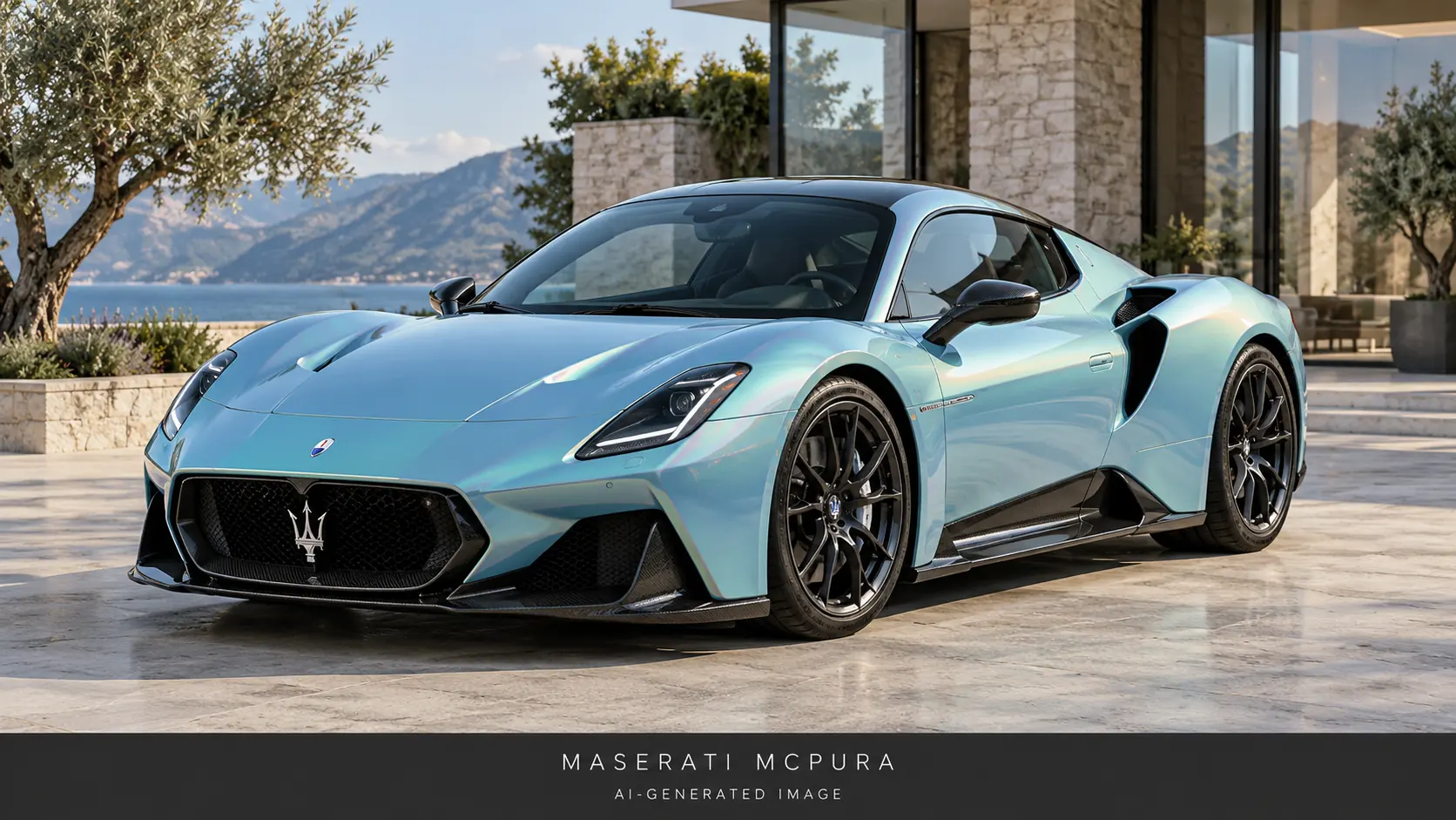 Иллюстрация Maserati MCPURA, созданная с помощью ИИ, в бледно-бирюзовом цвете с переливающимся эффектом, вид спереди под углом три четверти.