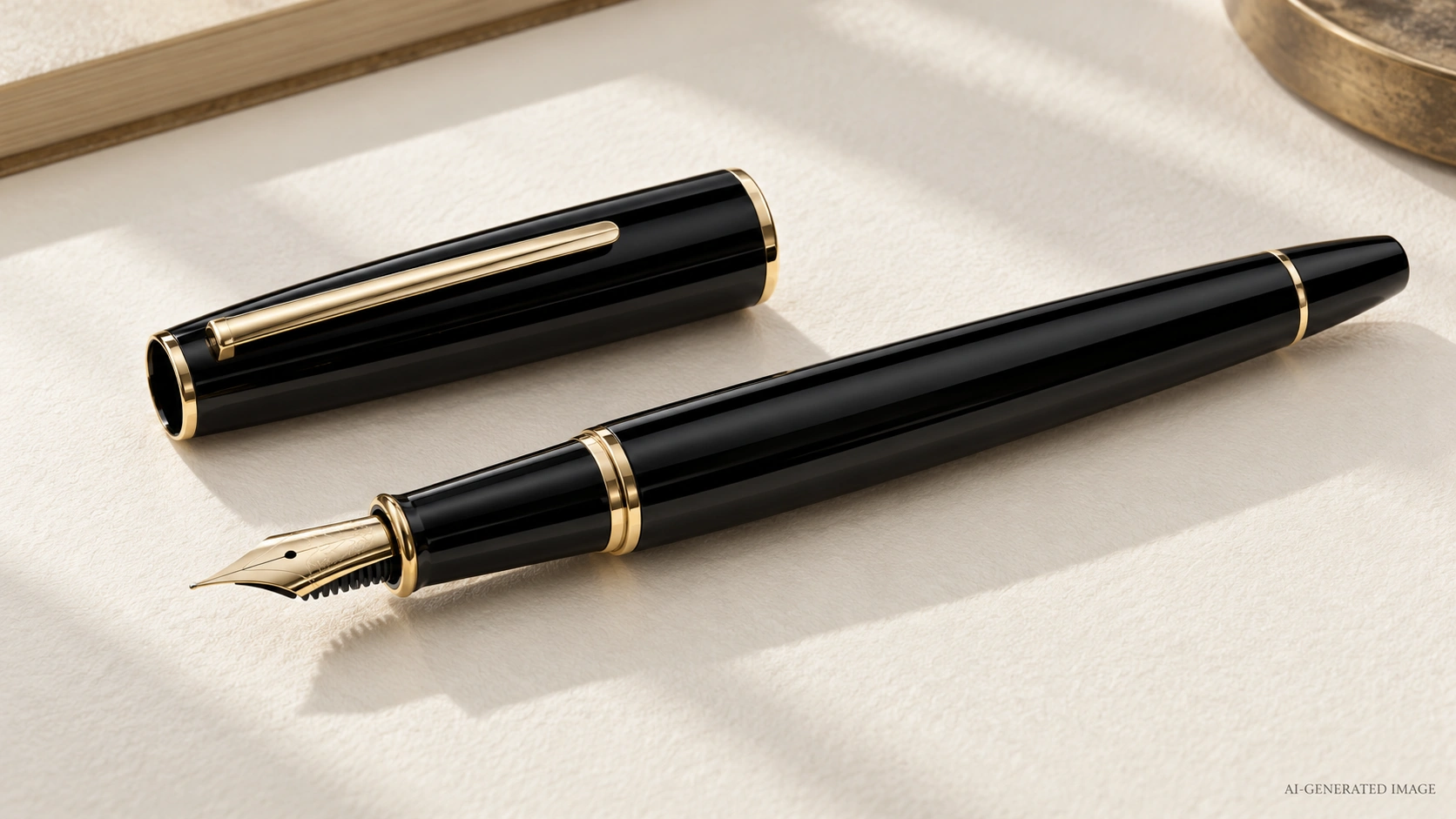 KI-generierte Illustration: Schwarzer Füllfederhalter aus Kunstharz mit goldfarbenen Zierelementen auf elfenbeinfarbenem Papier