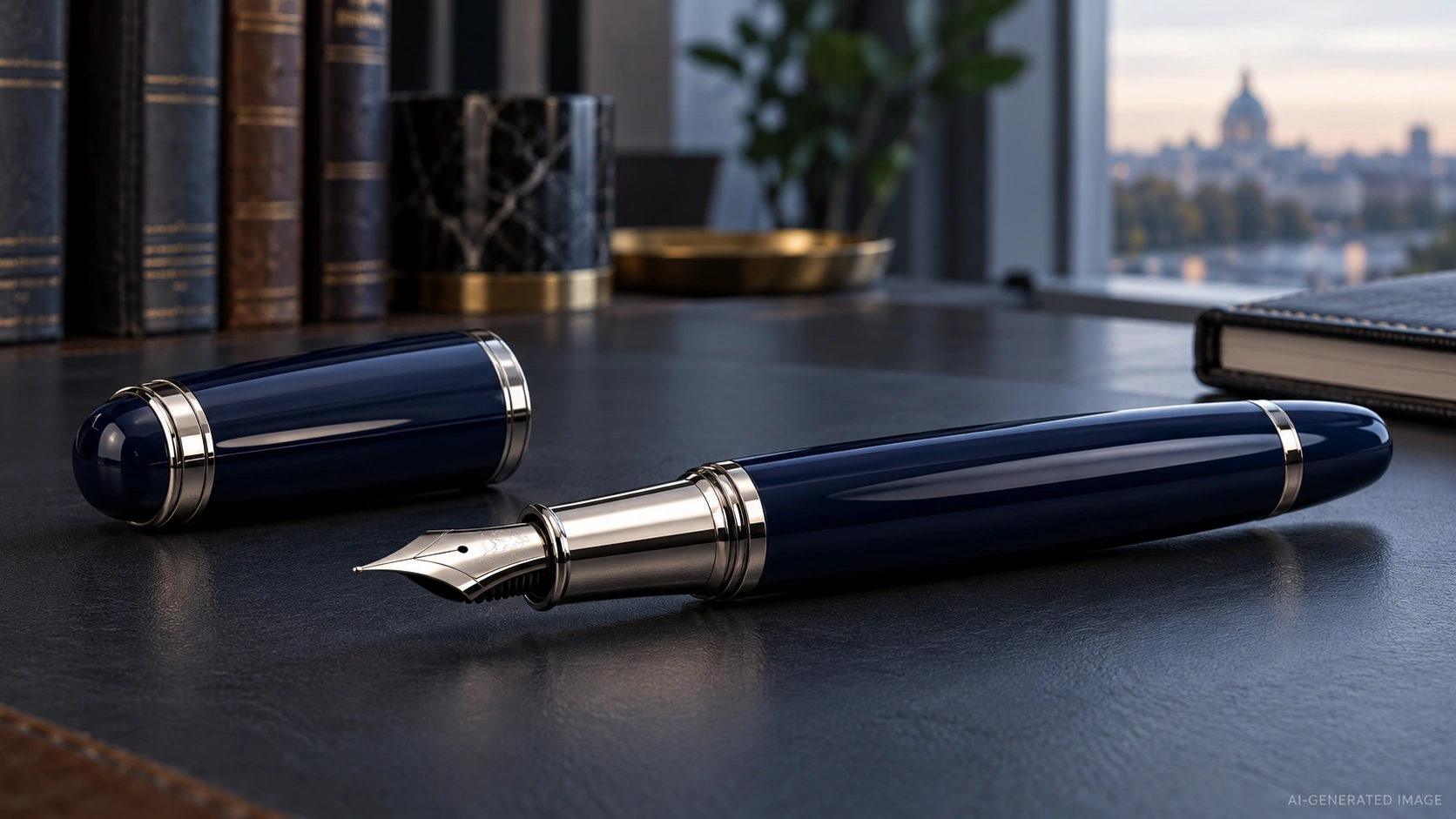 KI-generierte Illustration: Marineblauer Lackfüllfederhalter mit poliertem silberfarbenem Griffstück in einem eleganten Arbeitszimmer