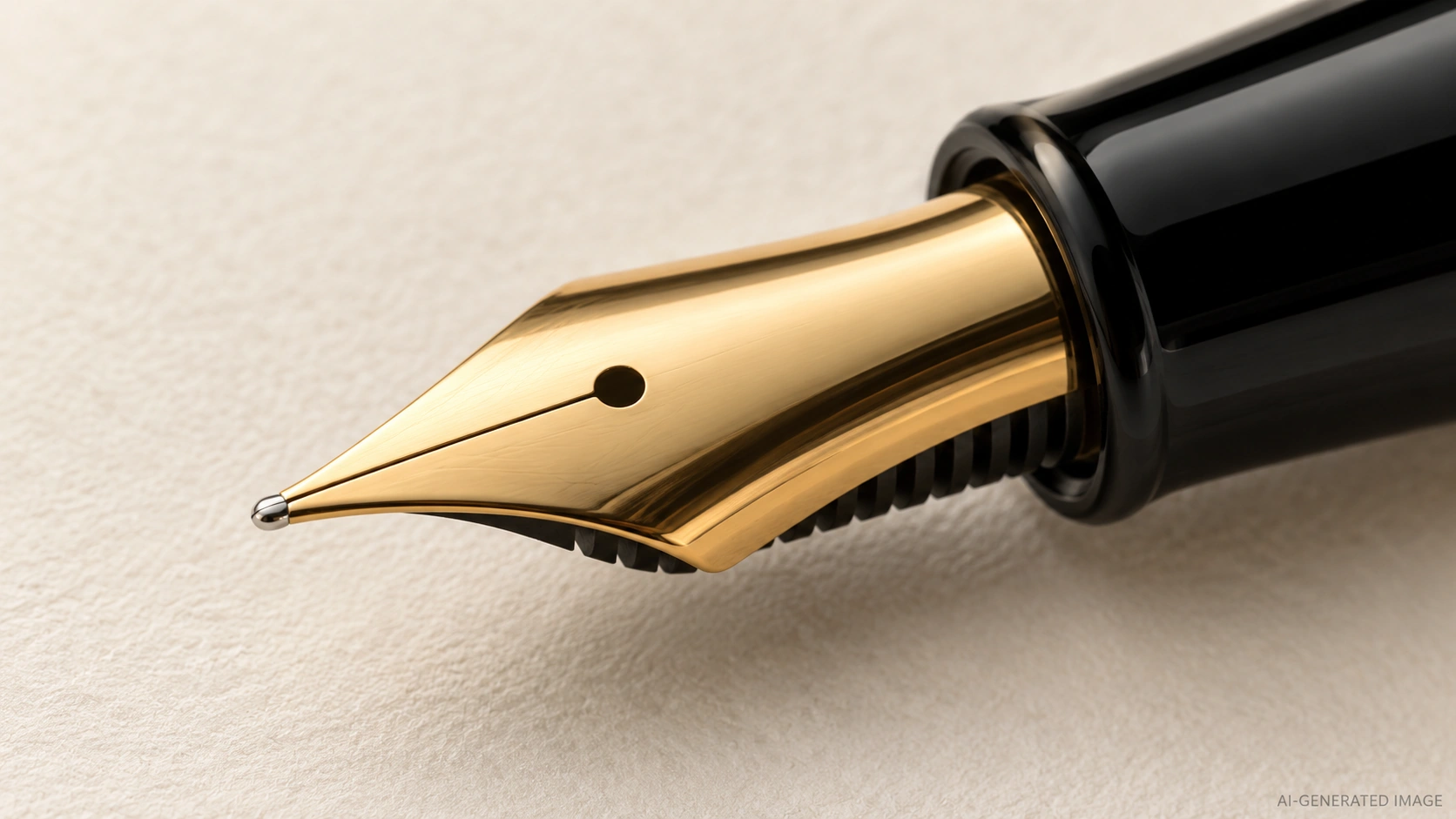 KI-generierte Illustration: Nahaufnahme einer goldfarbenen Füllfederhalterfeder mit einfachem Schlitz, Belüftungsloch und schwarzem Tintenleiter.