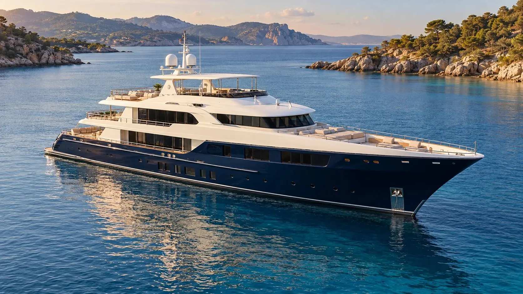 AI-generated editorial illustration of a luxury motor yacht at sea