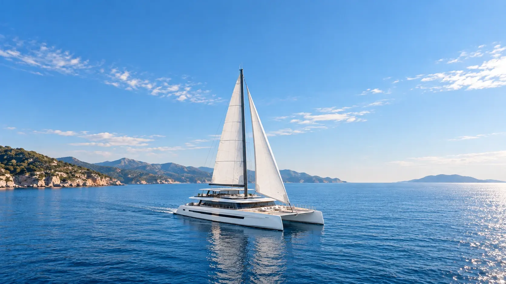 Illustration conceptuelle générée par IA du super-catamaran à voile écologique Sunreef 43M