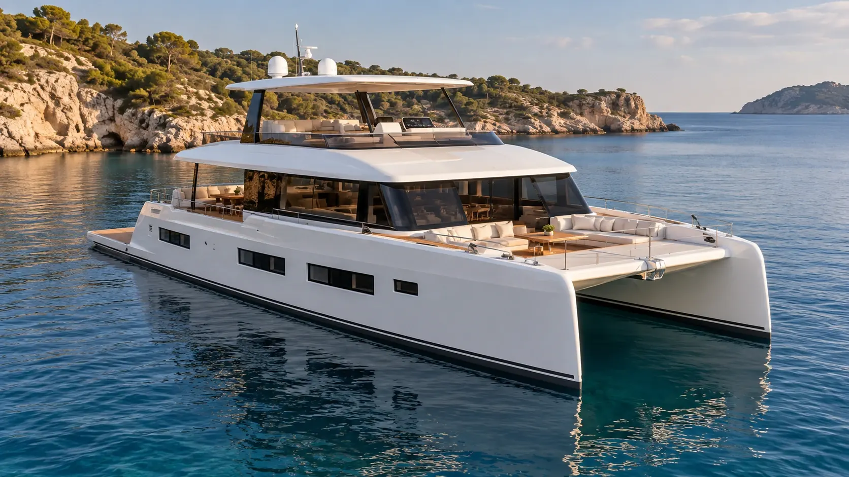 Illustration conceptuelle générée par IA de 80 Sunreef Power, diesel classique