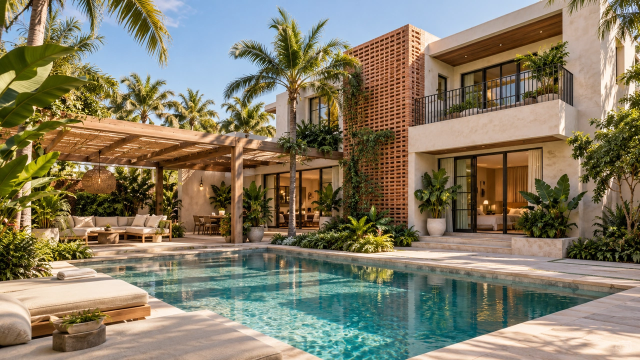 人工智能生成的插图: 受Miami Beach启发的内陆庭院住宅与热带泳池