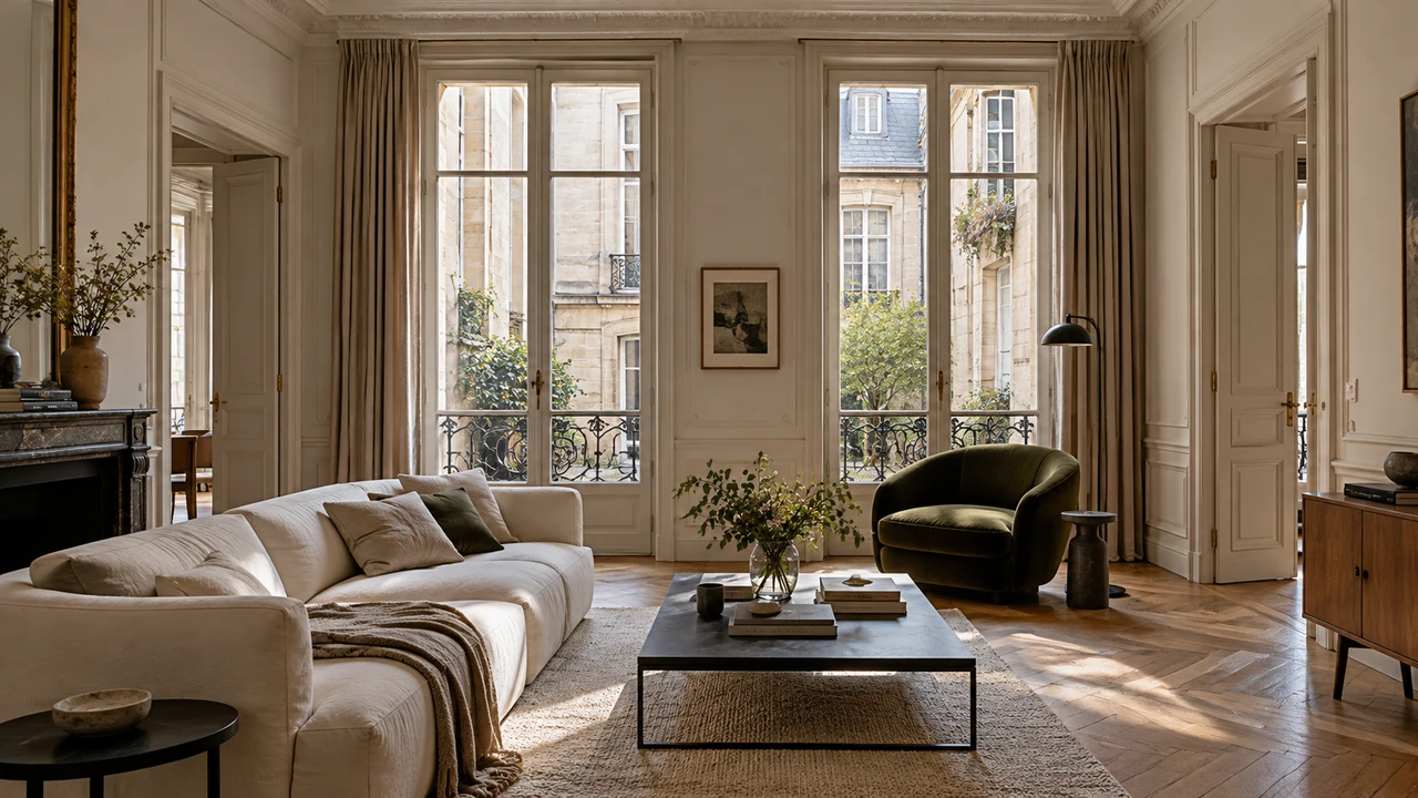 Illustrazione generata dall'intelligenza artificiale: Appartamento ispirato a Saint-Germain-des-Prés-Odéon con alte finestre affacciate sul cortile e parquet in rovere.