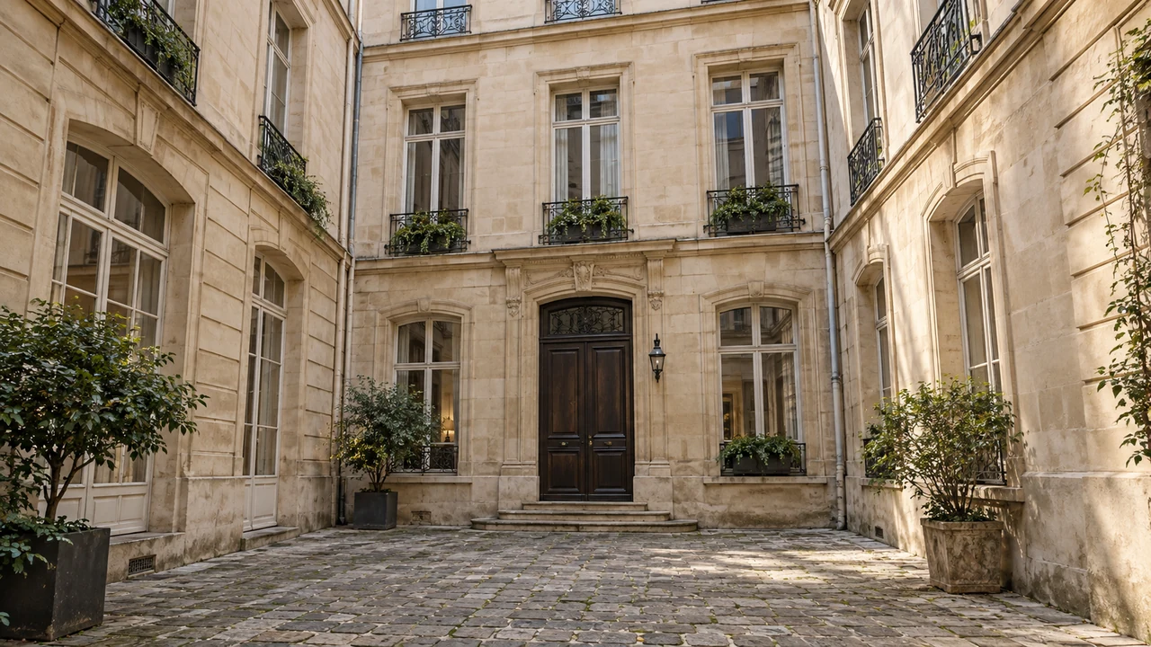 Illustrazione generata dall'intelligenza artificiale: Cortile residenziale pavimentato di piccole dimensioni, ispirato al quartiere Le Marais; non si intende in alcun modo implicare la proprietà privata del giardino.