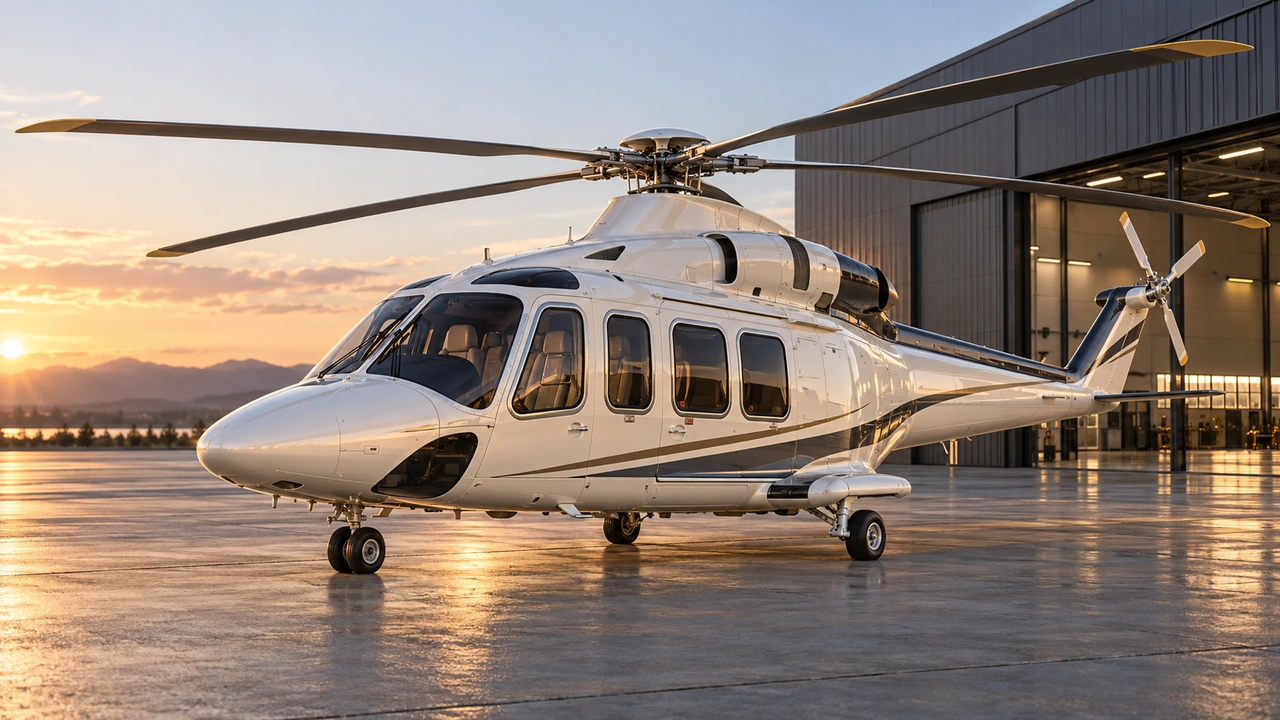 AI-generated illustration: Executive helicopter on a ground-level airport apron at sunset