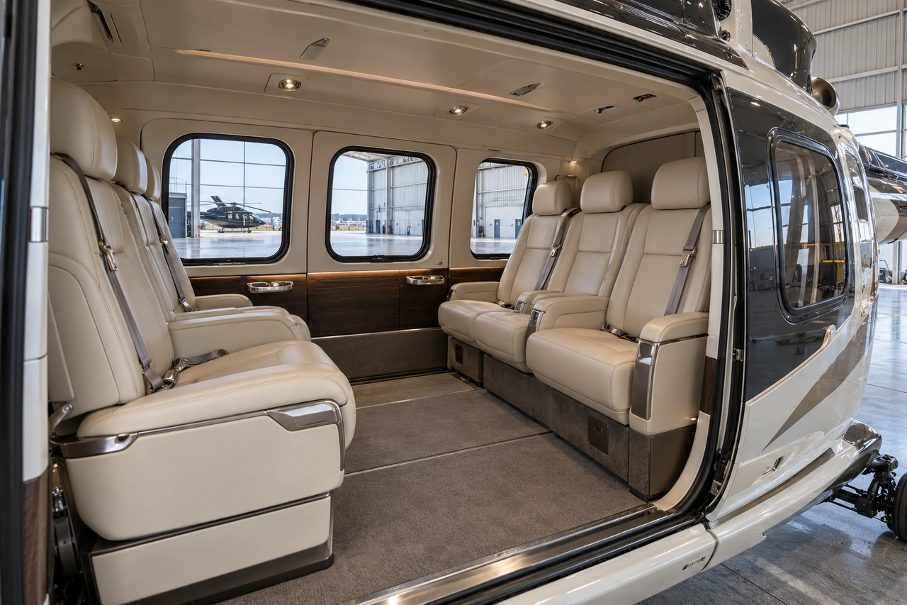 Illustration générée par IA: Cabine VIP de six passagers en cuir ivoire et bois discret