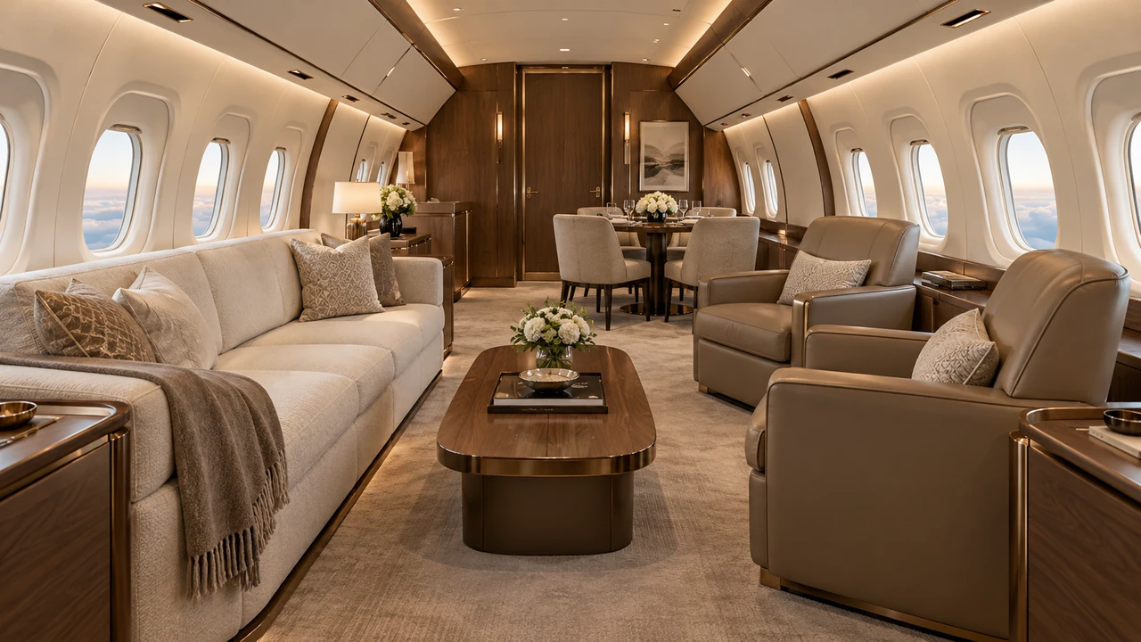 人工智能生成插图:贵宾客机(Boeing BBJ、Airbus ACJ)客舱,奶油色皮座、木桌、舷窗与连续通道