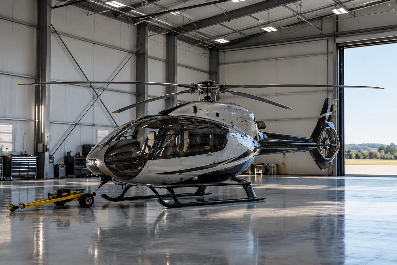 Ein fiktiver Hubschrauber in einem dedizierten Luftfahrt-Hangar.