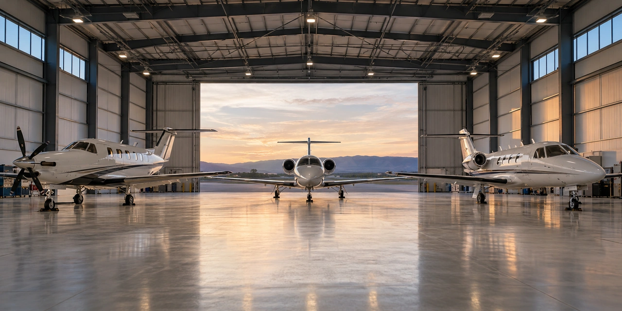 Mehrere fiktive stationäre Geschäftsflugzeuge in einem gemeinsamen Hangar.