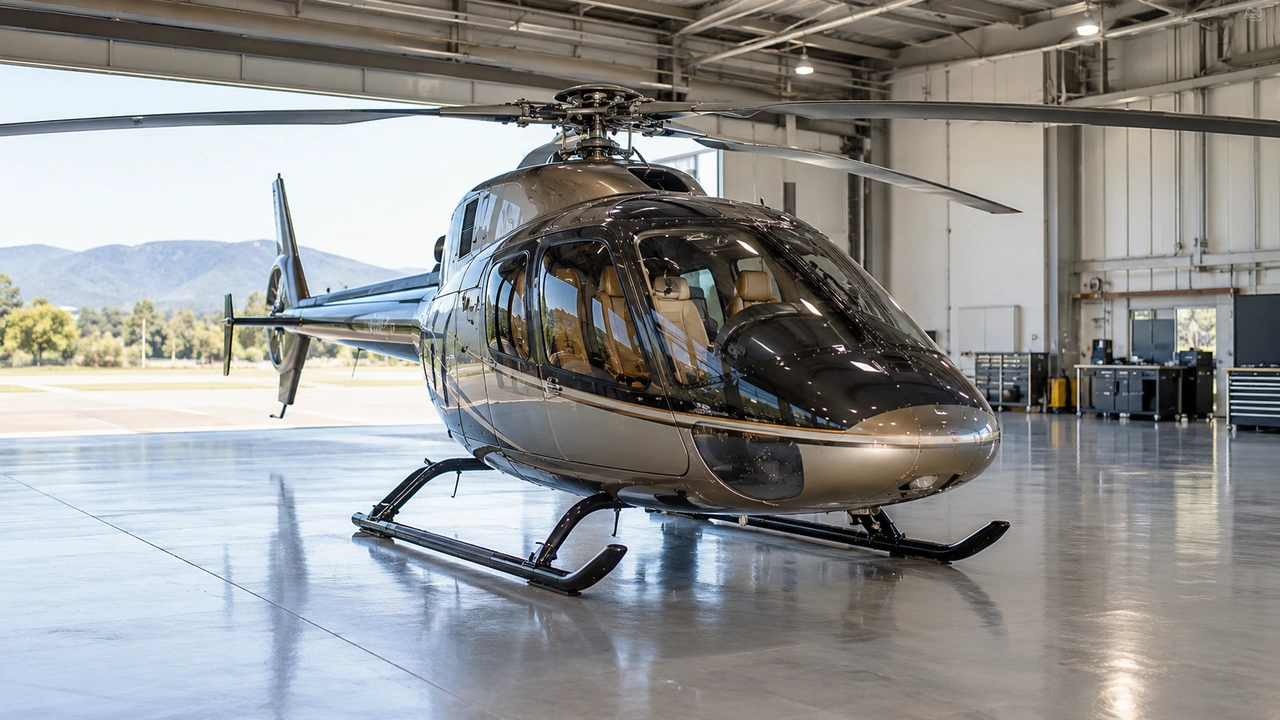 Eine fiktive Hubschrauber-Lagerdetails, die die geparkte Rotorhülle zeigt.