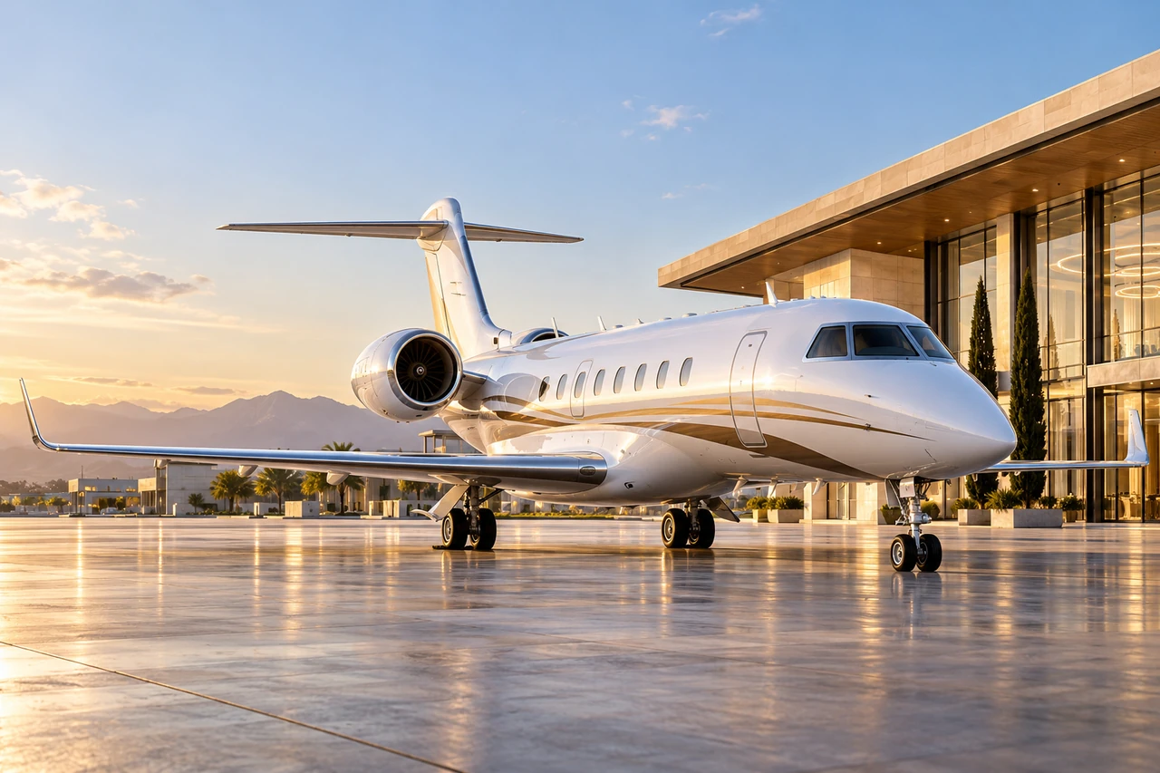 Unbranded business jet beside a fictional executive terminal — 00
