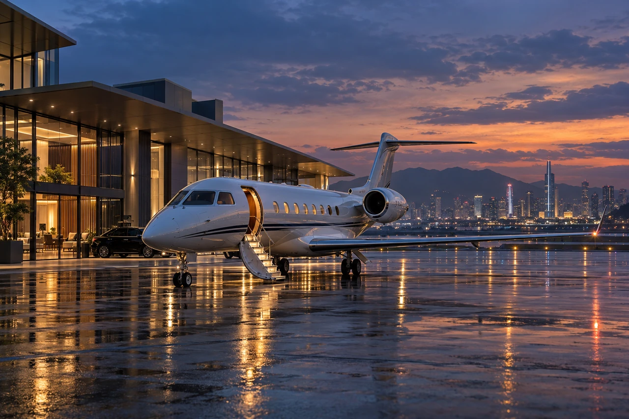 Jet ejecutivo sin marcas junto a una terminal ficticia — 07
