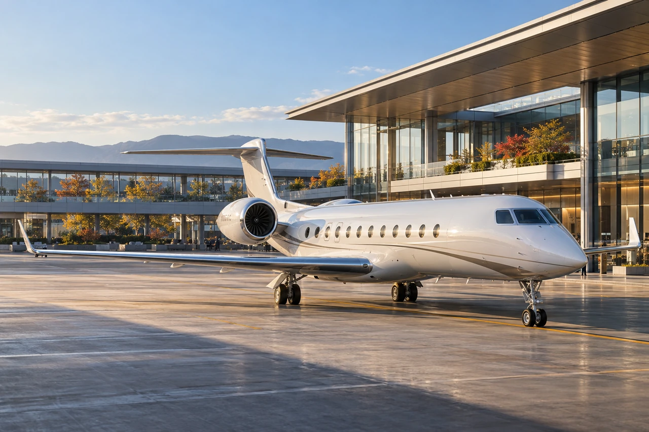 Jet ejecutivo sin marcas junto a una terminal ficticia — 08