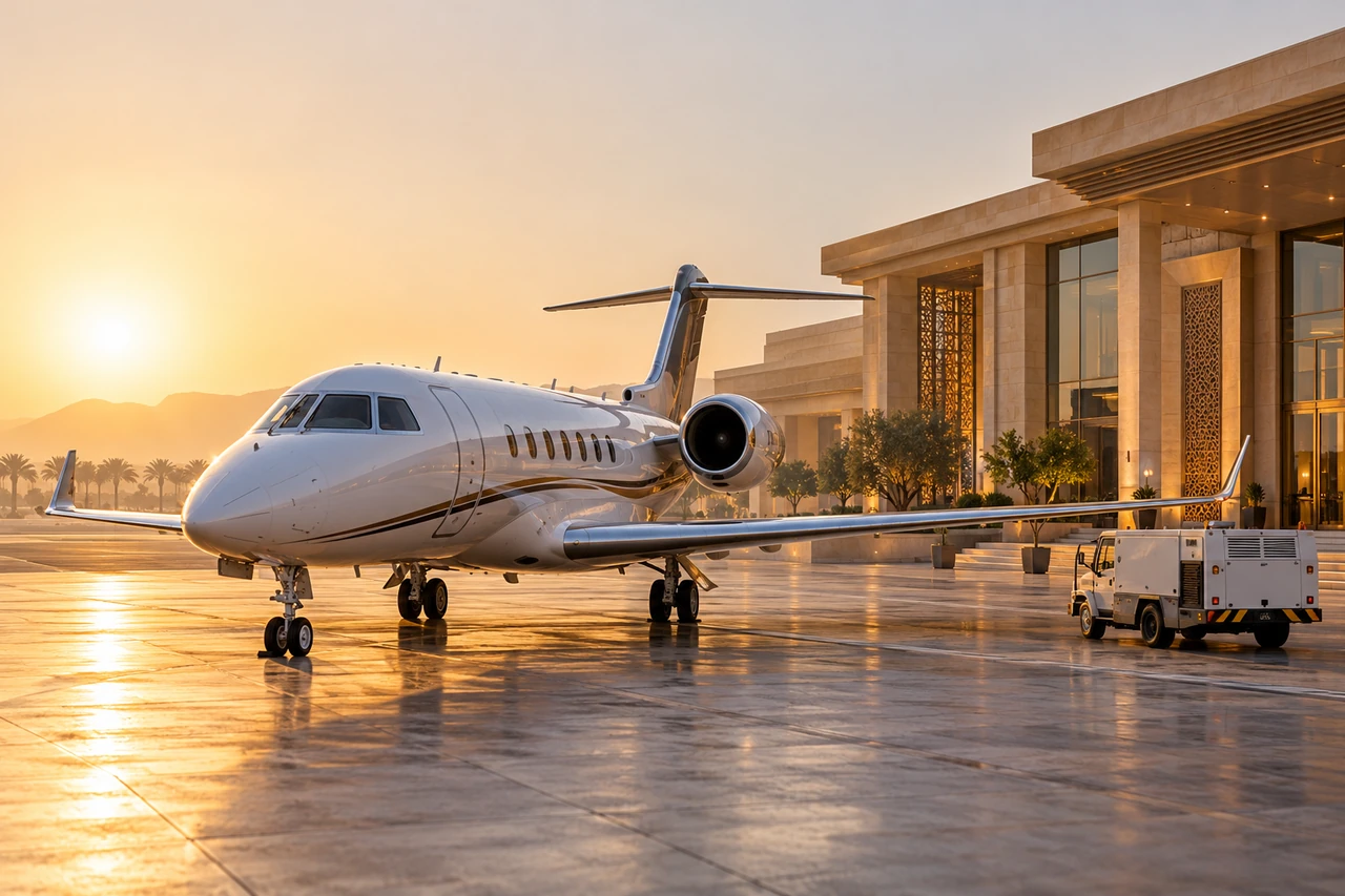 Jet ejecutivo sin marcas junto a una terminal ficticia — 10