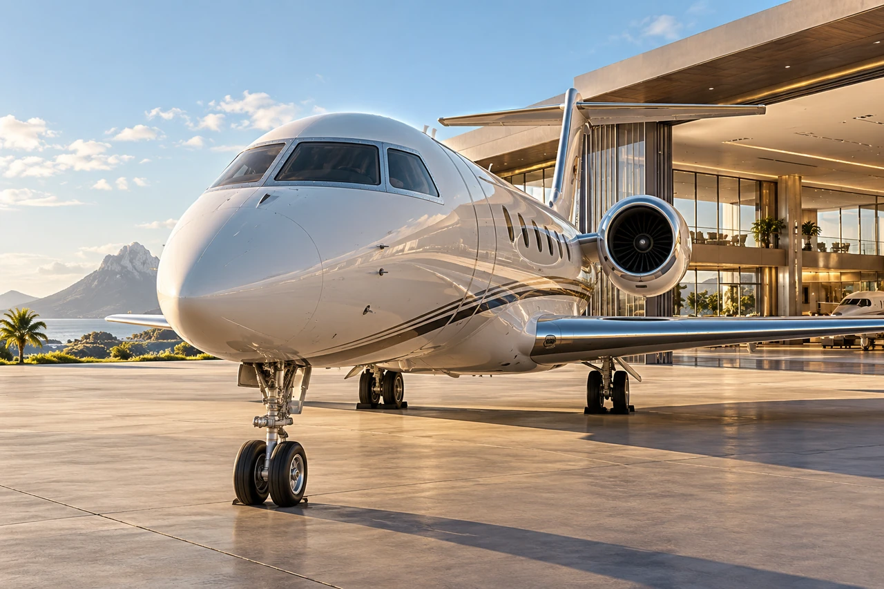 Jet ejecutivo sin marcas junto a una terminal ficticia — 15