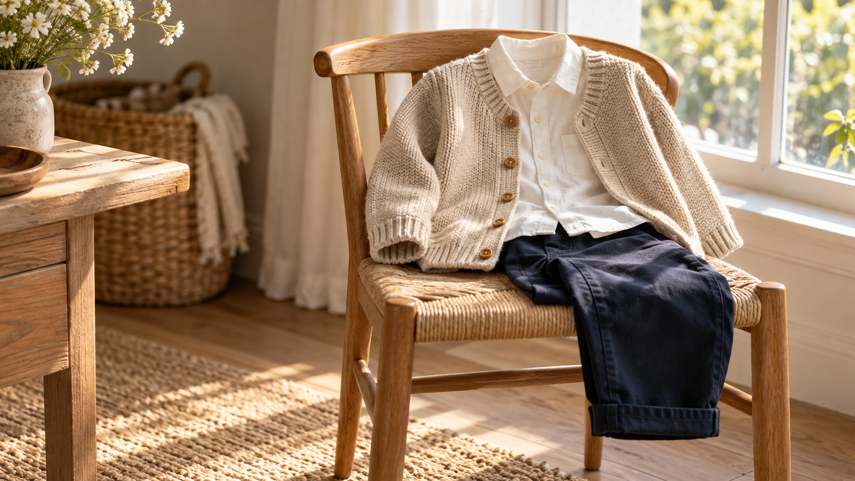 Folded children’s clothing arranged on a wooden chair near a window. — AI-generated illustration