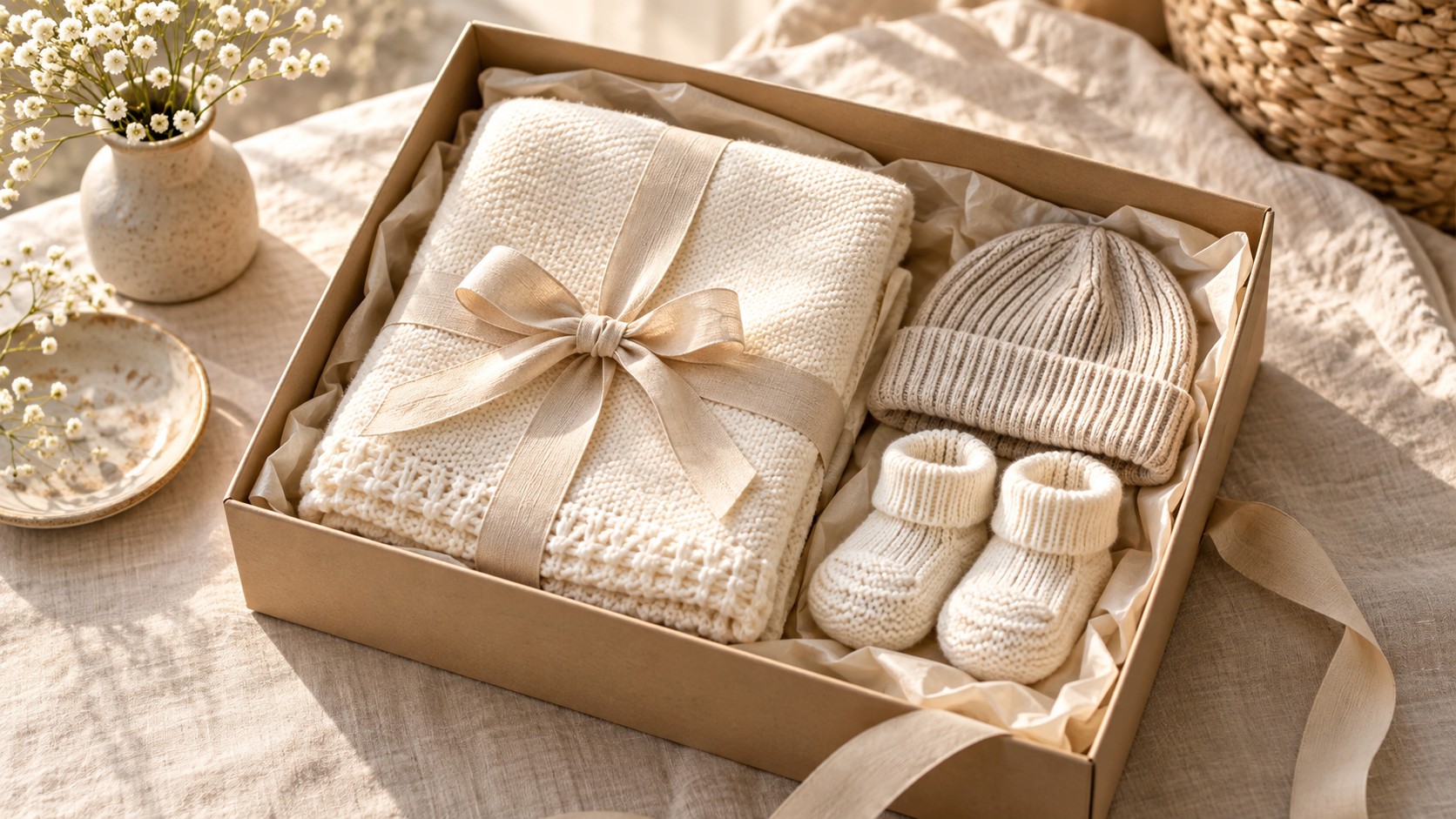 Neutral textiles and baby gifts arranged without branding. — AI-generated illustration