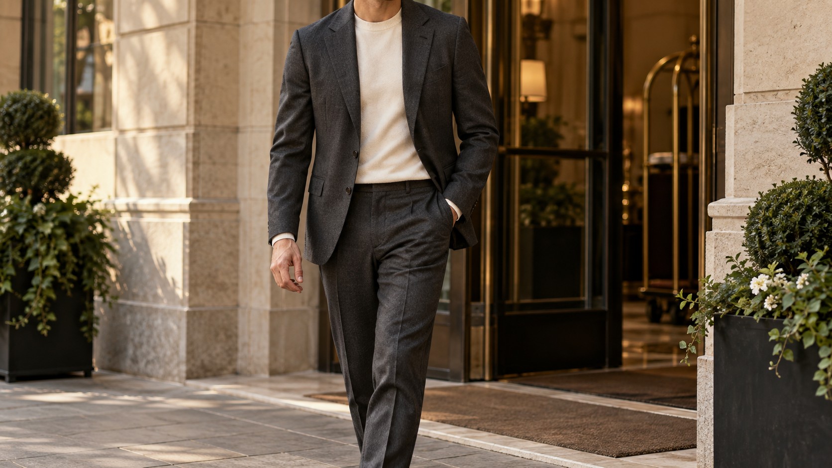 Men’s tailoring paired with a soft knit in a neutral outfit. — AI-generated illustration