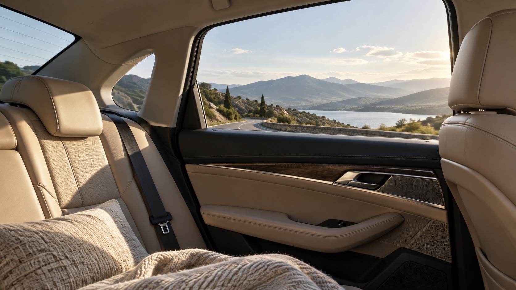 The interior of an unbranded car overlooking a scenic route. — AI-generated illustration