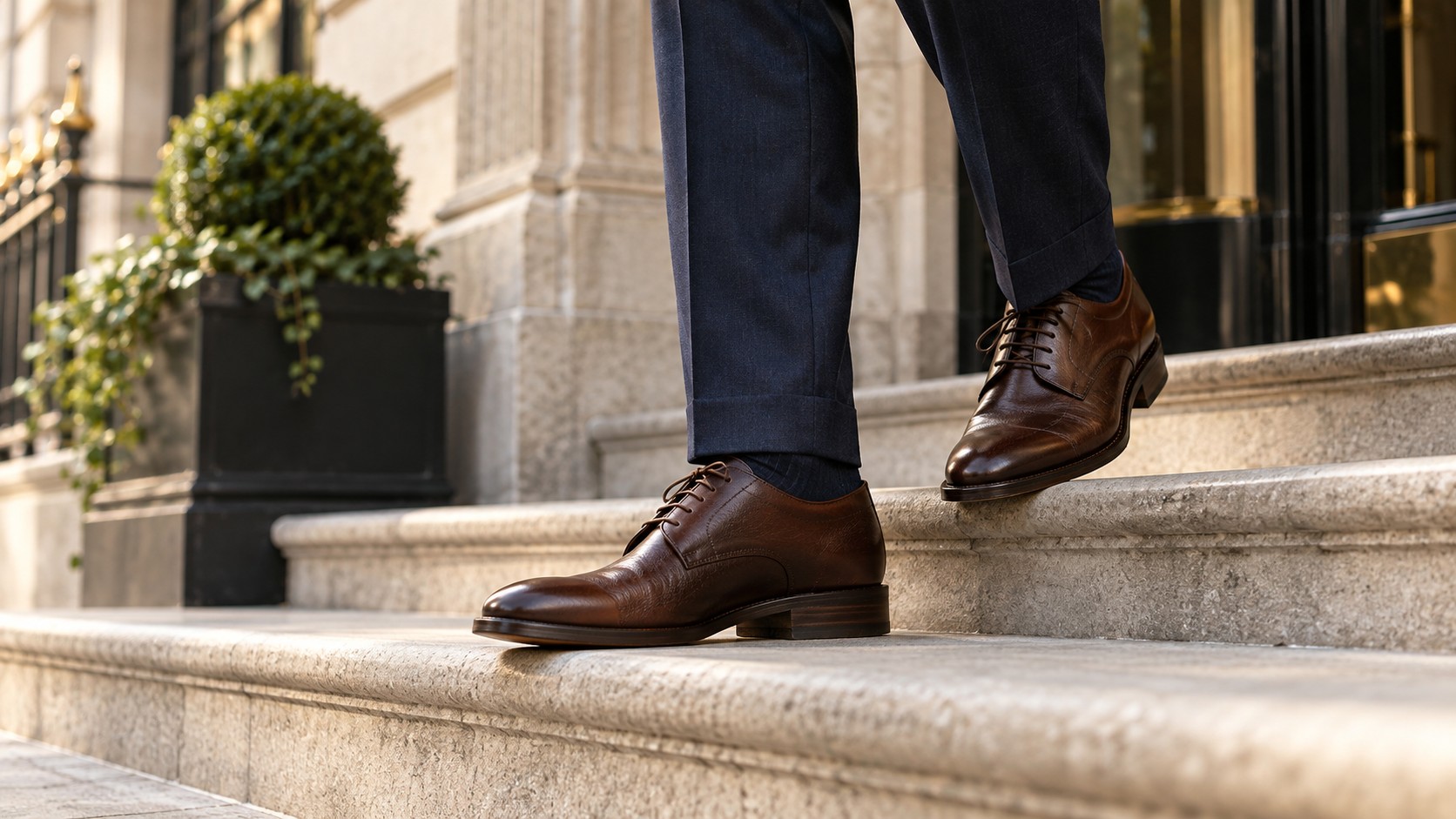 Men’s leather-style shoes styled with tailored trousers. — AI-generated illustration
