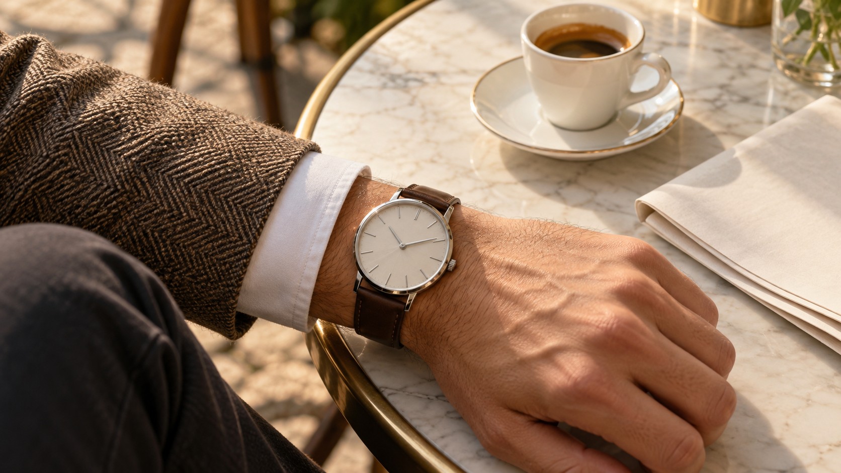 An unbranded watch worn on a wrist. — AI-generated illustration