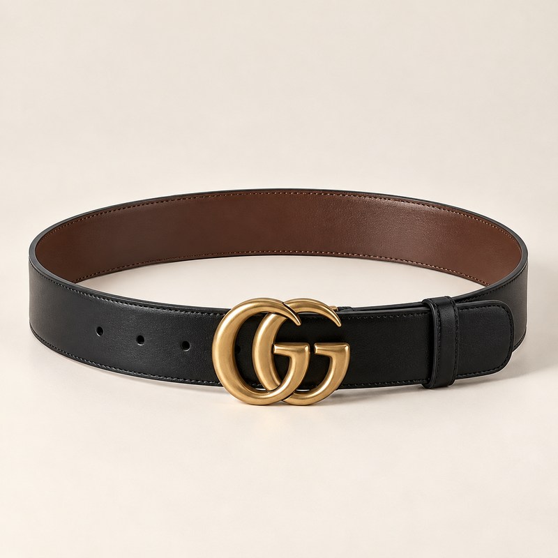 Gucci — Reversible leather belt with Double G buckle — Ilustración generada por IA