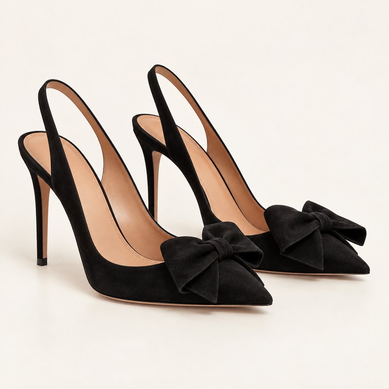 Bow Tie Pump 105 — black suede — AI-generated illustration